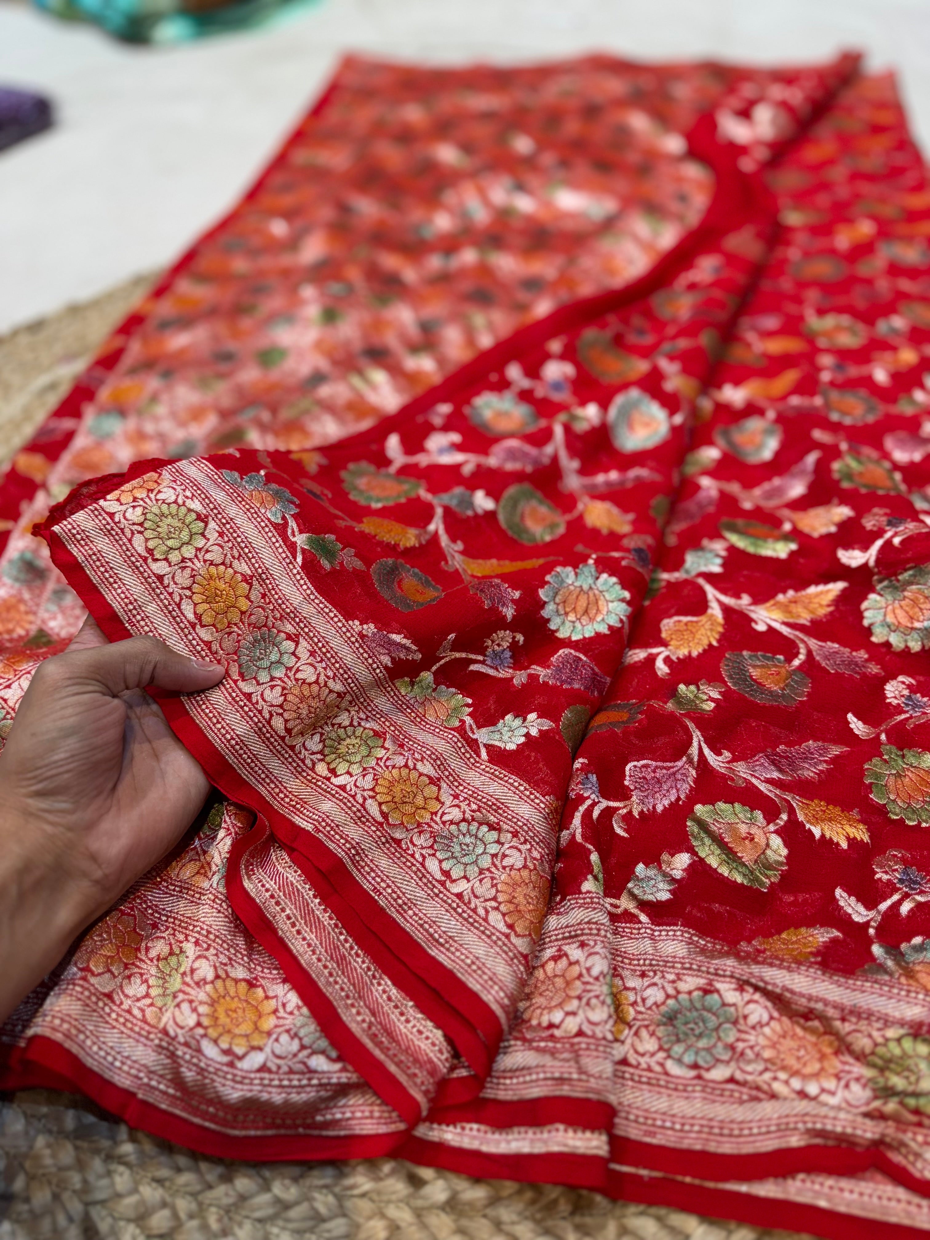 Red 100% Pure Banarasi Khaddi Georgette Meenakari Saree