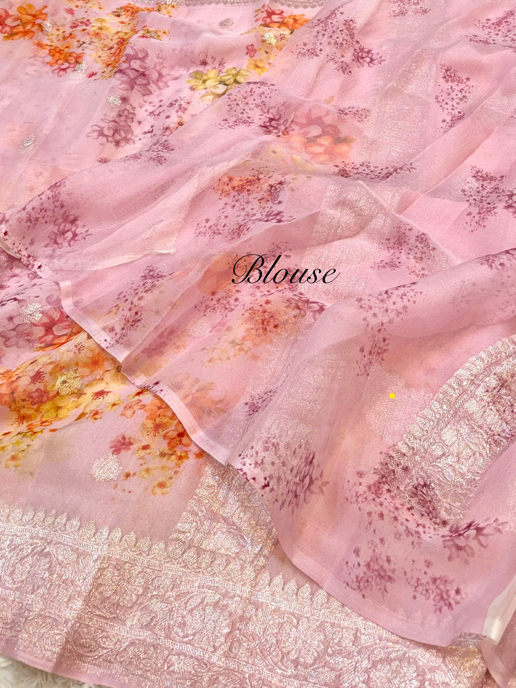 Baby Pink 100% Pure Khaddi Georgette Silver Zari Digital Print Handloom Saree