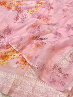 Baby Pink 100% Pure Khaddi Georgette Silver Zari Digital Print Handloom Saree