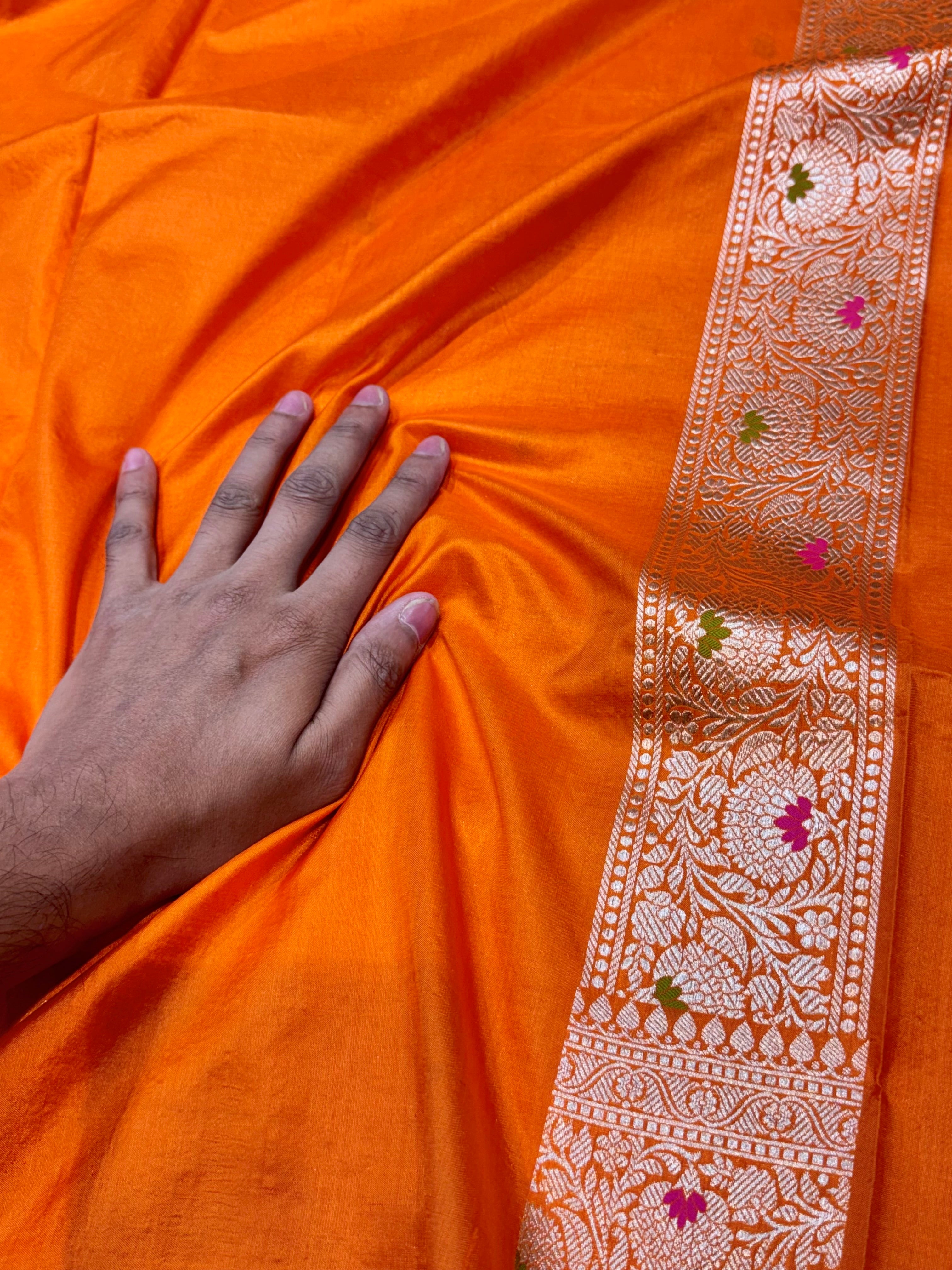 Prebook | Fanta Orange 100% Pure Banarasi Katan Silk Meenakari Brocade Saree