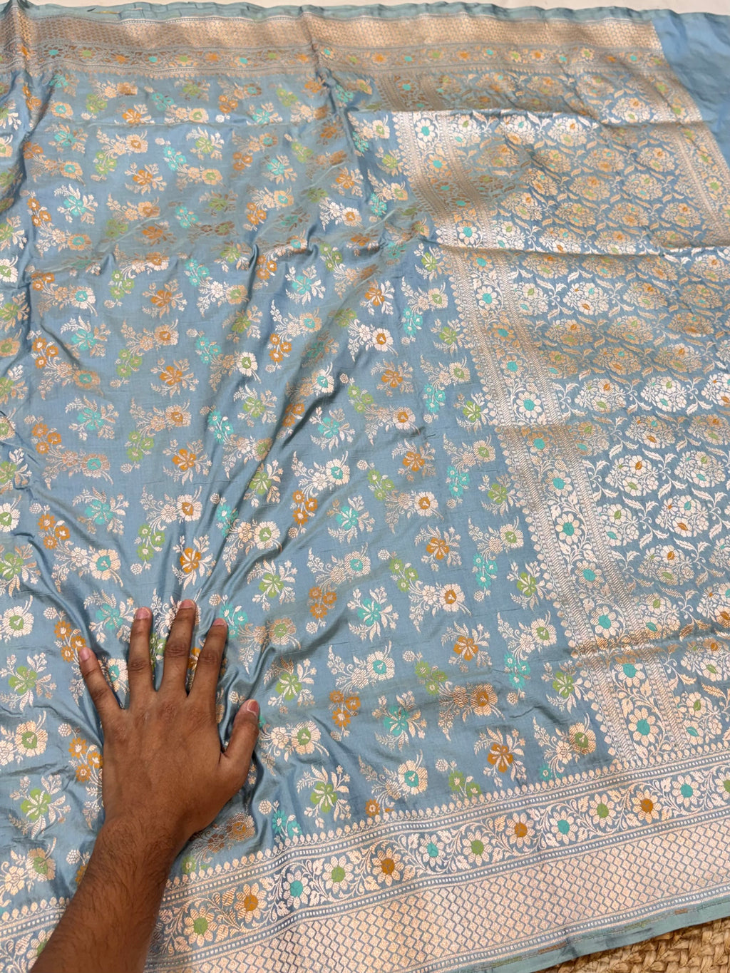 Powder Blue Pure Banarasi Katan Silk Meenakari Sareee