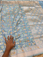 Powder Blue Pure Banarasi Katan Silk Meenakari Sareee