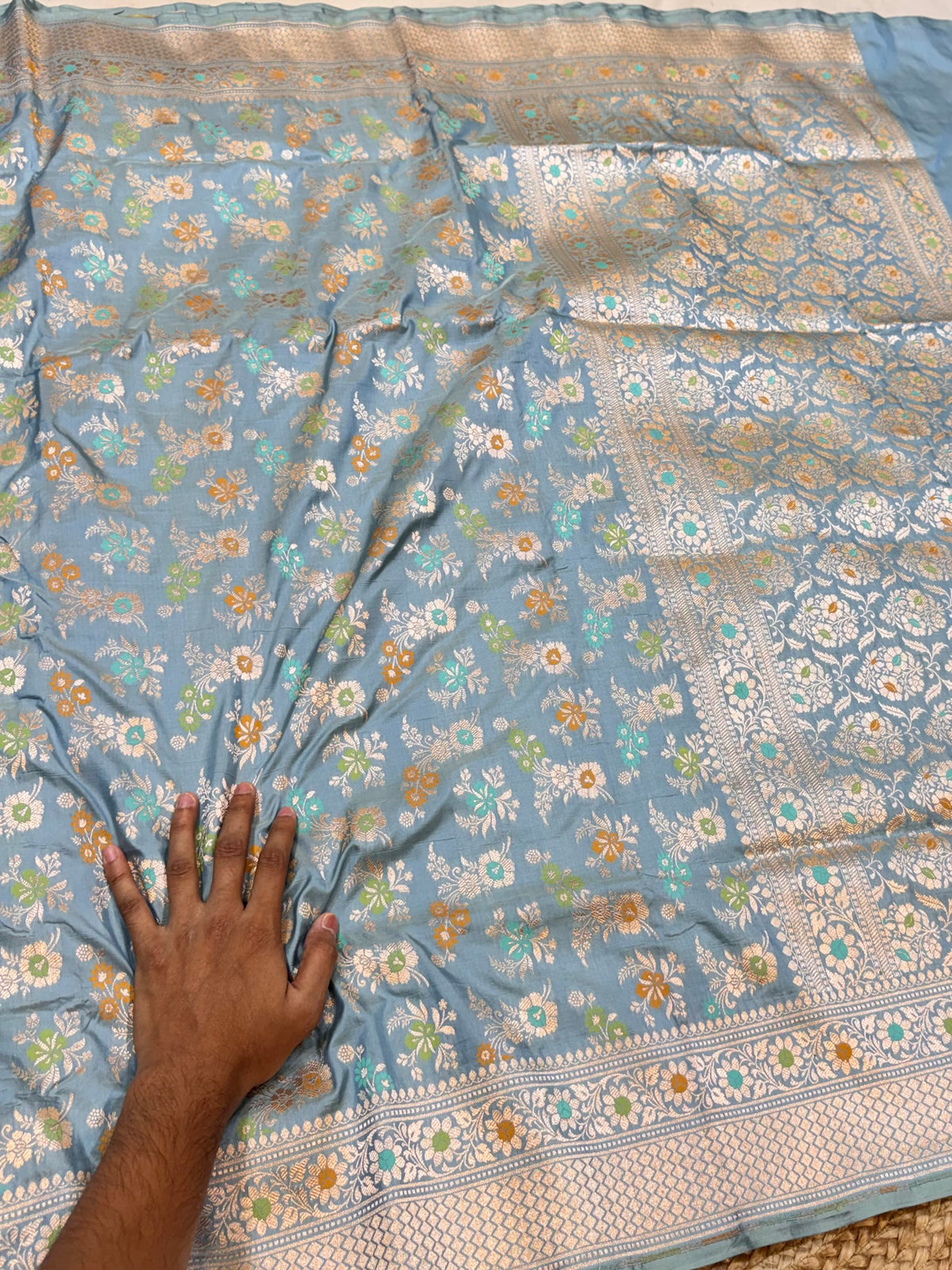 Powder Blue Pure Banarasi Katan Silk Meenakari Sareee