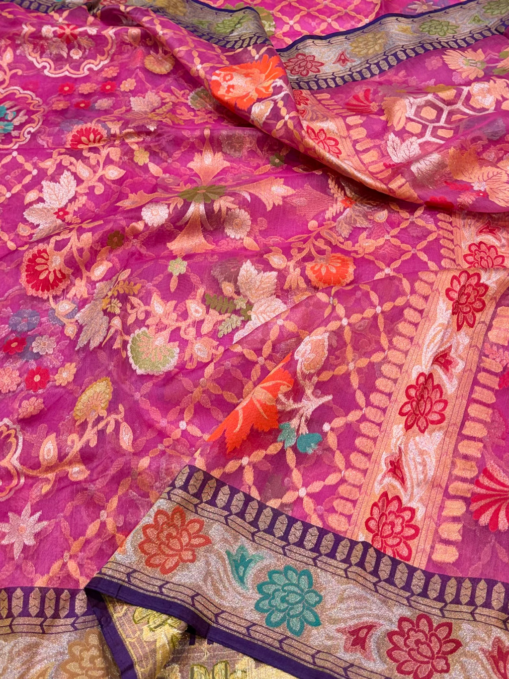 Rani Pink 100% Pure Ektara Banarasi Kora Jamdani Saree