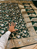 Bottle Green 100% Pure Banarasi Katan Silk Meenakari Saree