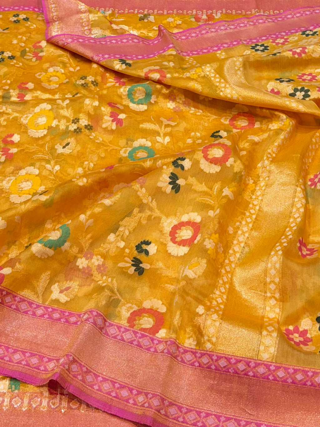 Sunflower Yellow 100% Pure Ektara Banarasi Kora Jamdani Saree