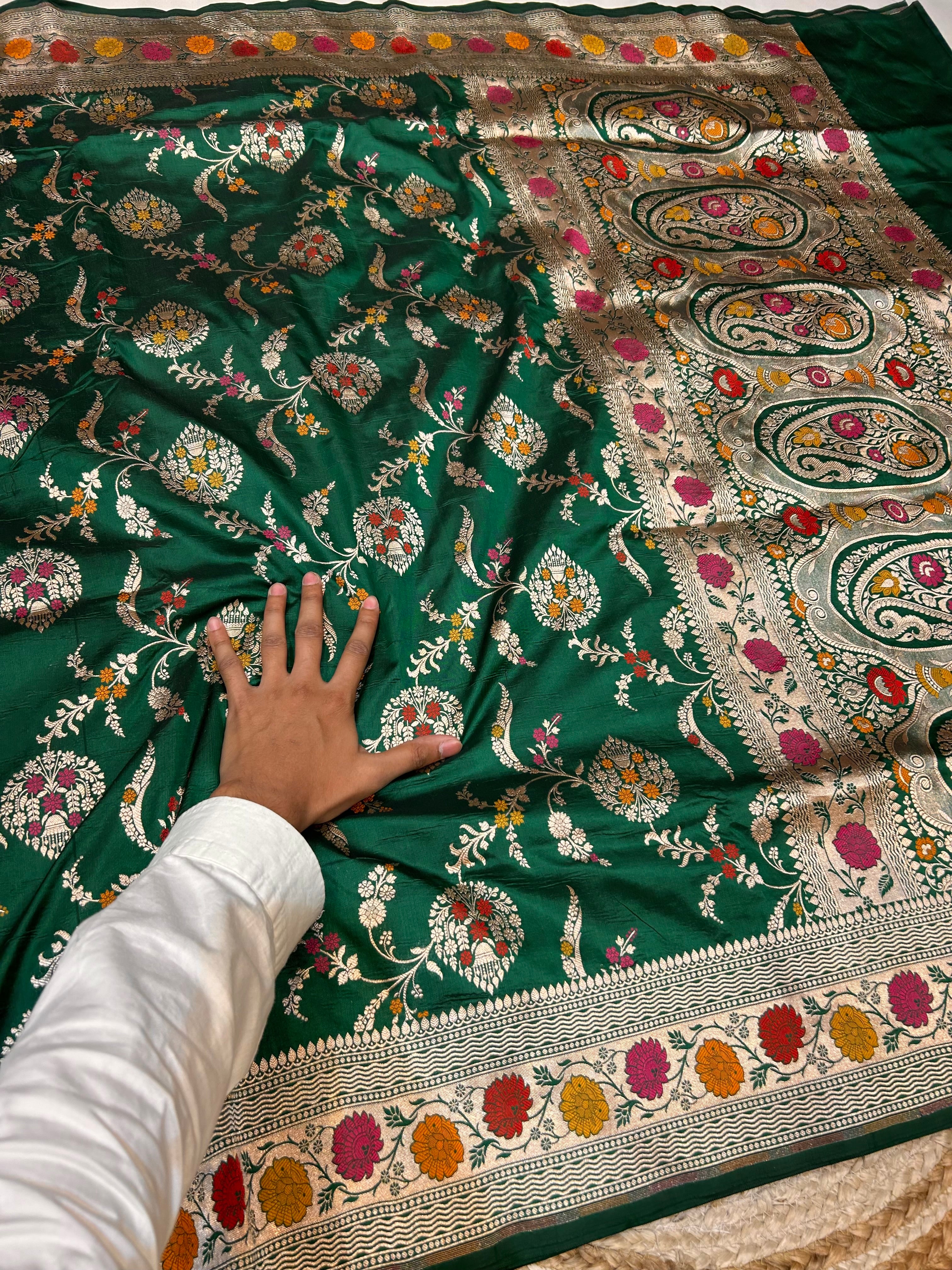 Bottle Green 100% Pure Banarasi Katan Silk Meenakari Saree