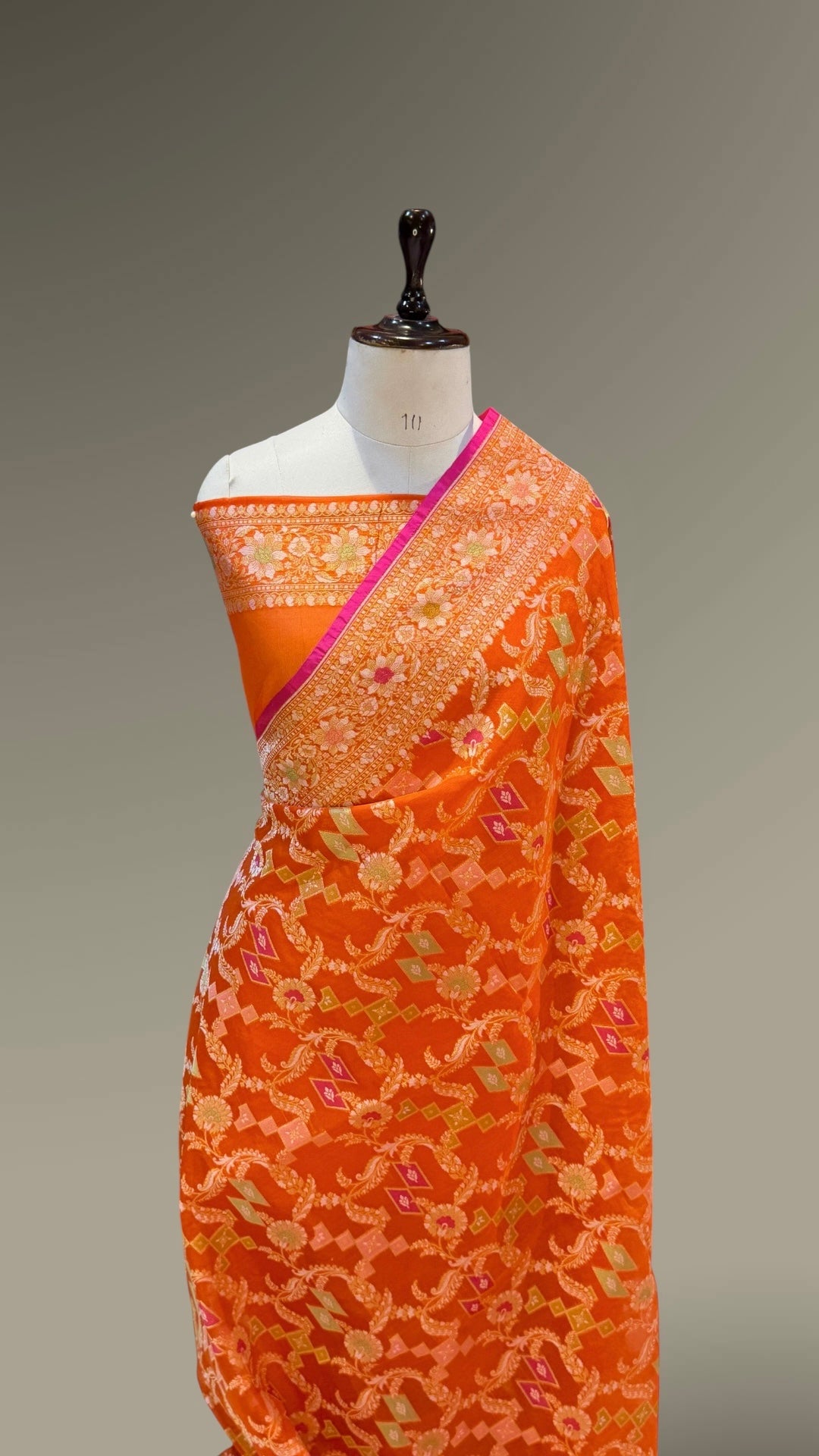 Fanta Orange Pure Handloom Banarasi Ektara Kora Jamdani Saree