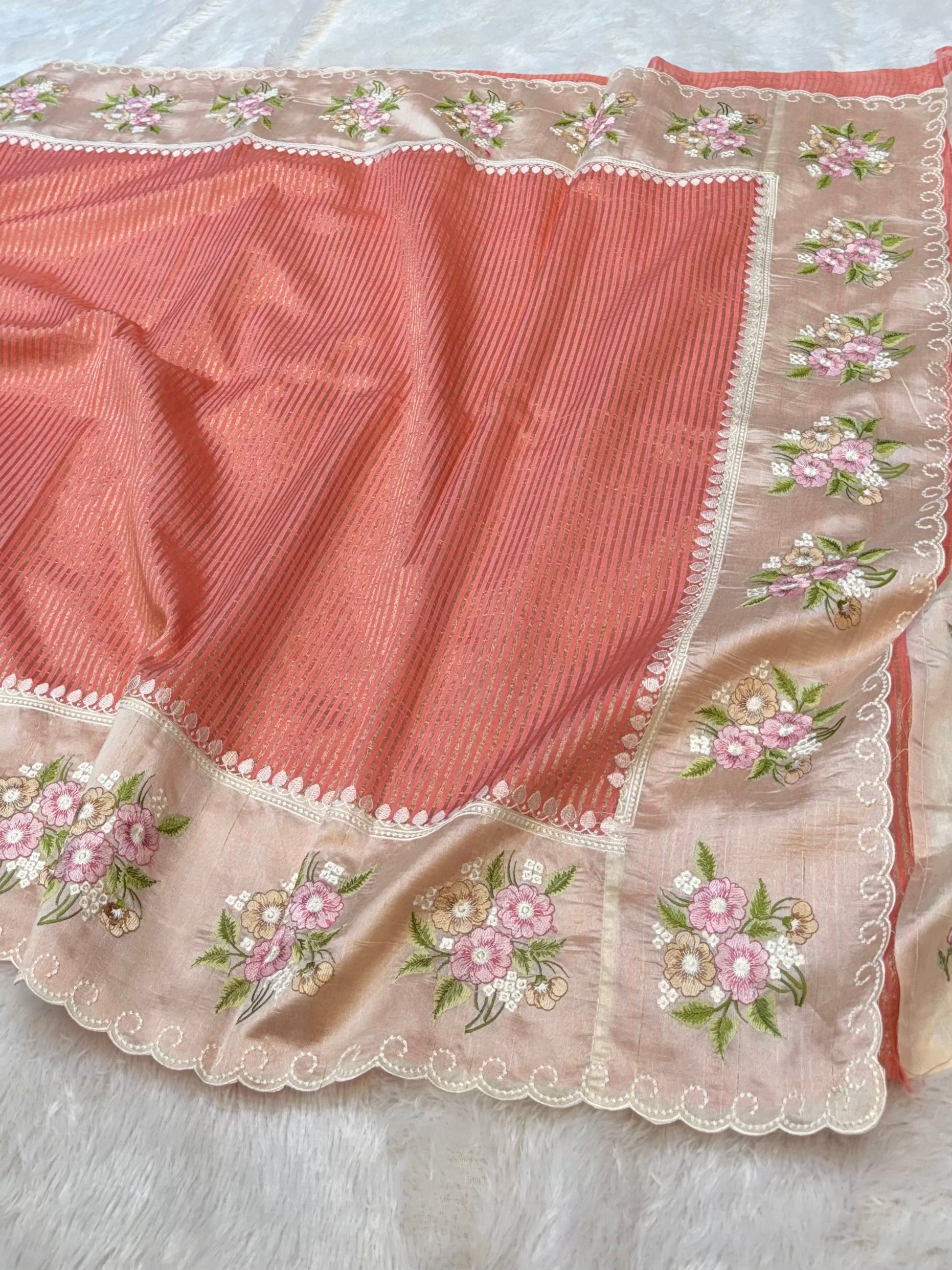 Peach Tissue Silk Partywear Banarasi Embroidery Tissue Border Lightweight Sarees