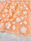 Fruity Peach Mango Silk Partywear Banarasi Embroidery Applique work Lightweight Sarees