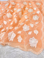 Fruity Peach Mango Silk Partywear Banarasi Embroidery Applique work Lightweight Sarees
