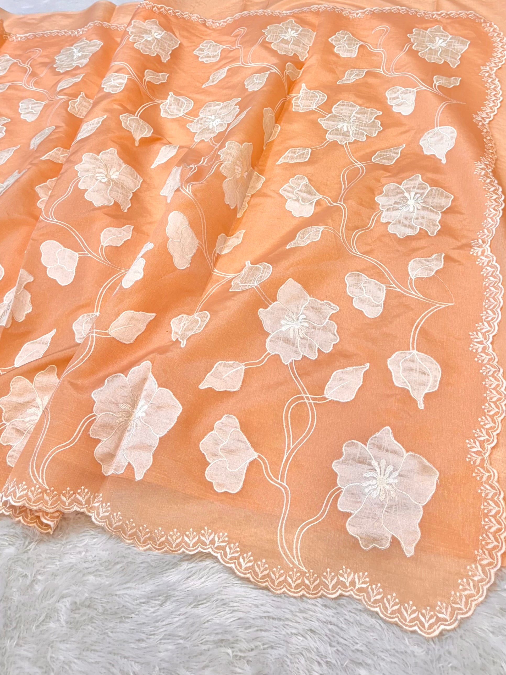 Fruity Peach Mango Silk Partywear Banarasi Embroidery Applique work Lightweight Sarees