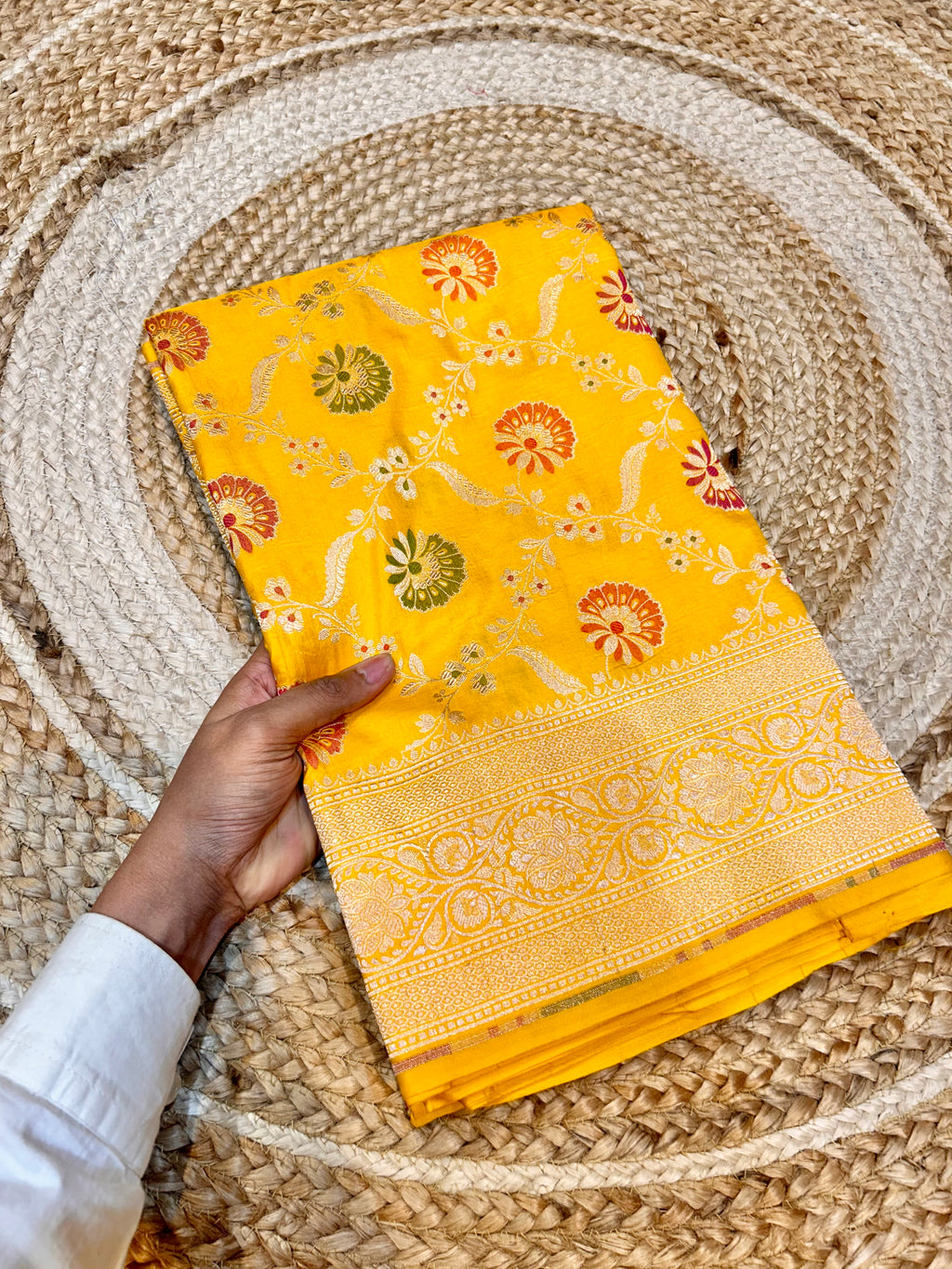 Yellow 100% Pure Banarasi Katan Silk Meenakari Saree