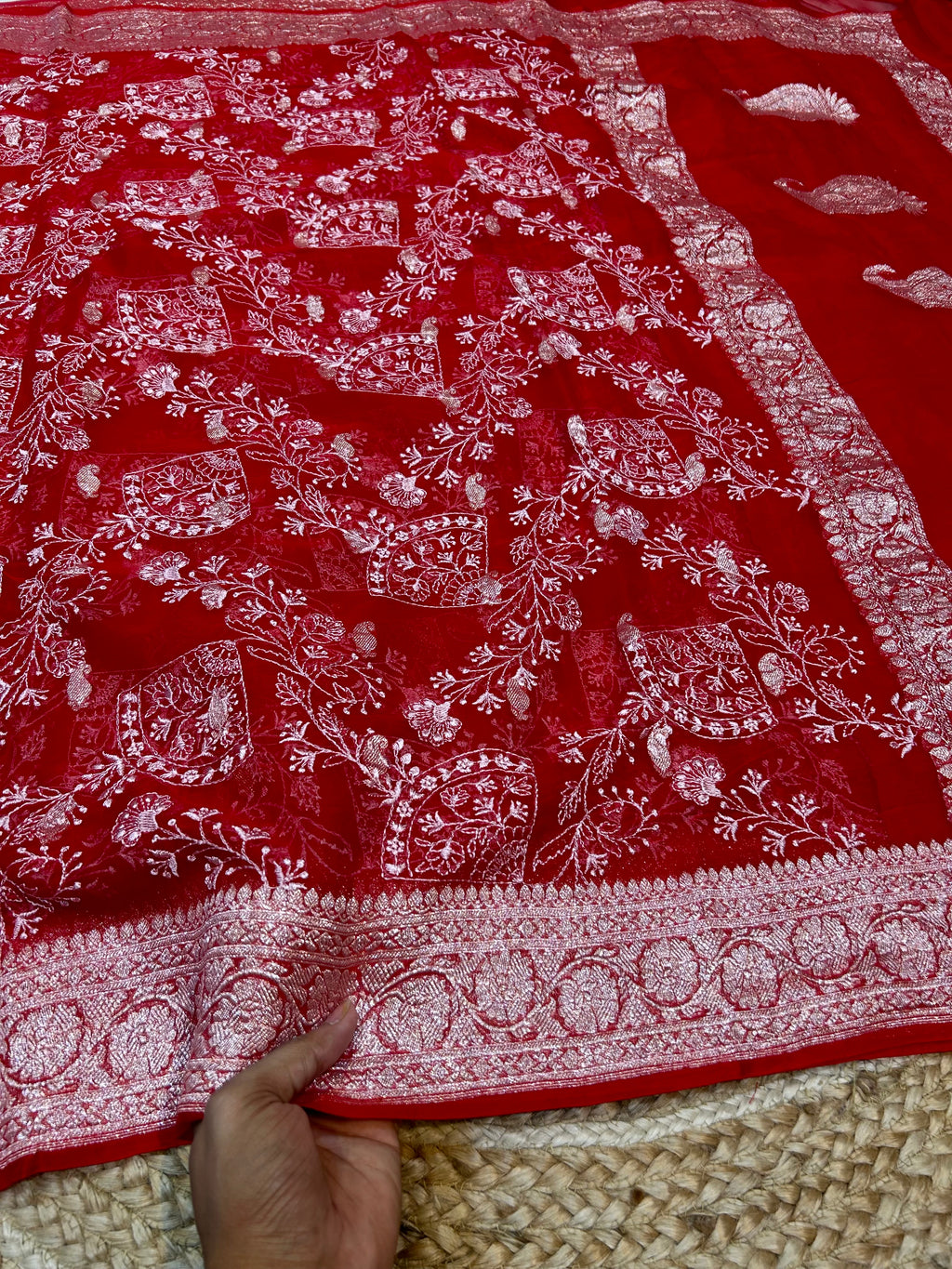 Red 100% Pure Khaddi Georgette Silver Zari ChikanKari Handloom Saree