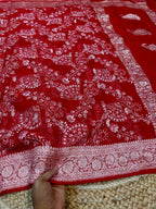 Red 100% Pure Khaddi Georgette Silver Zari ChikanKari Handloom Saree