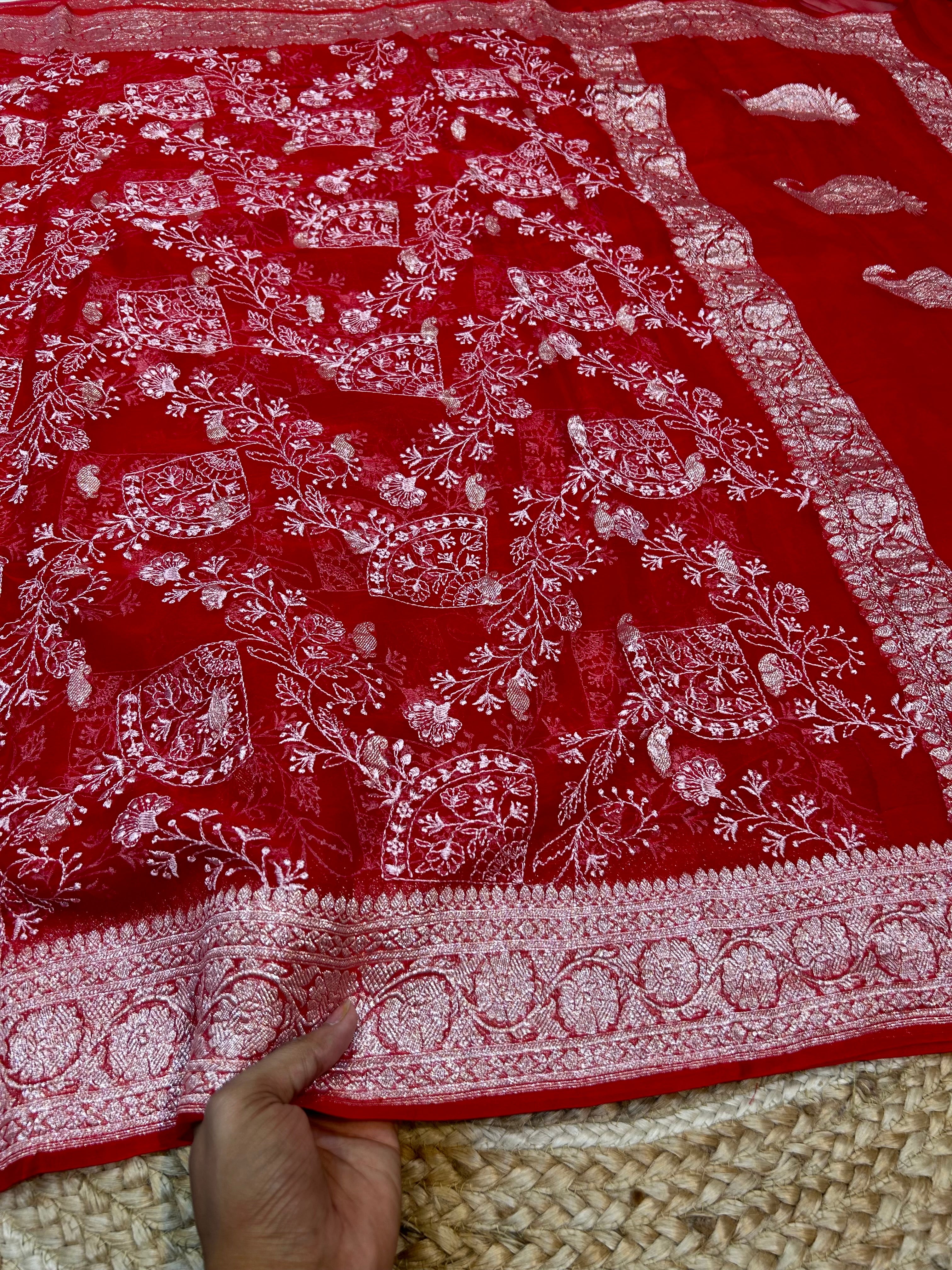 Red 100% Pure Khaddi Georgette Silver Zari ChikanKari Handloom Saree