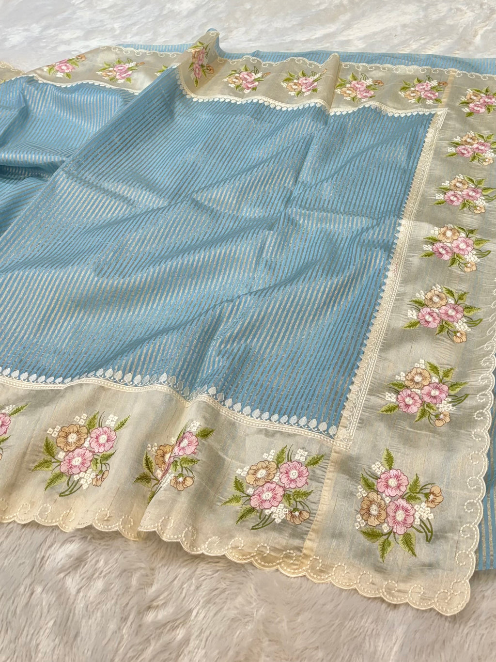 Powder Blue Tissue Silk Partywear Banarasi Embroidery Tissue Border Lightweight Sarees