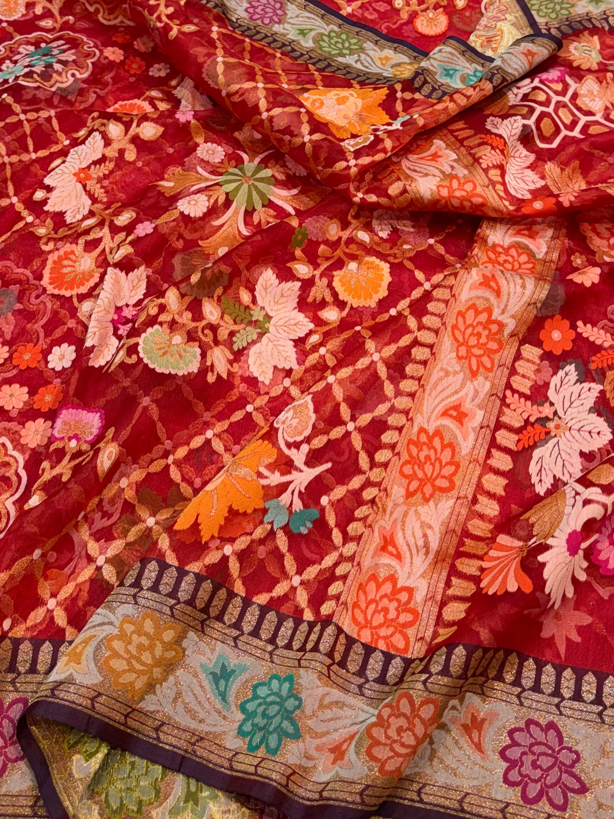 Prebook | Red Ektara Banarasi Kora Jamdani Saree