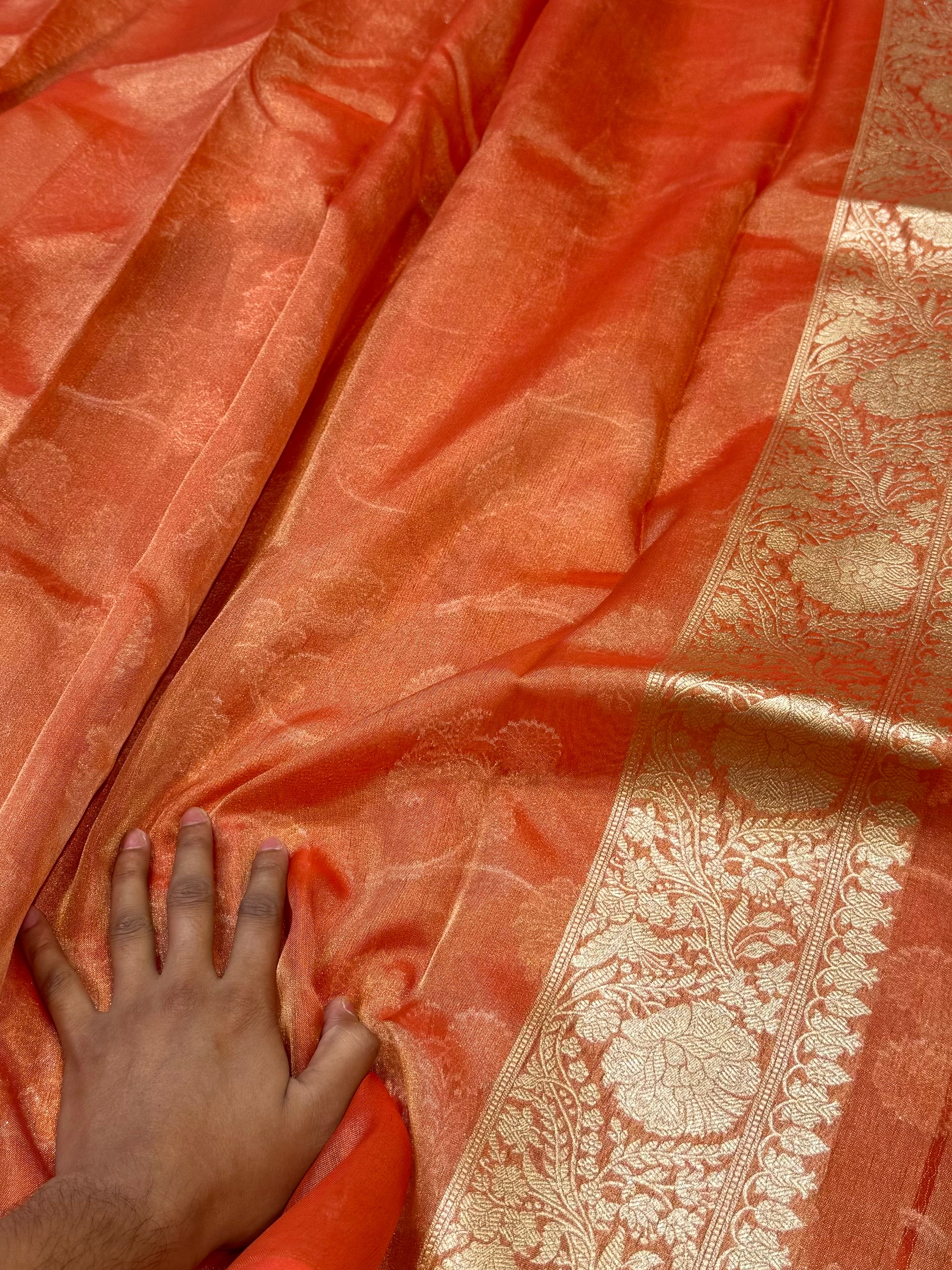 Diamond Orange 100% Pure Tissue Silk Banarasi Partywear Saree