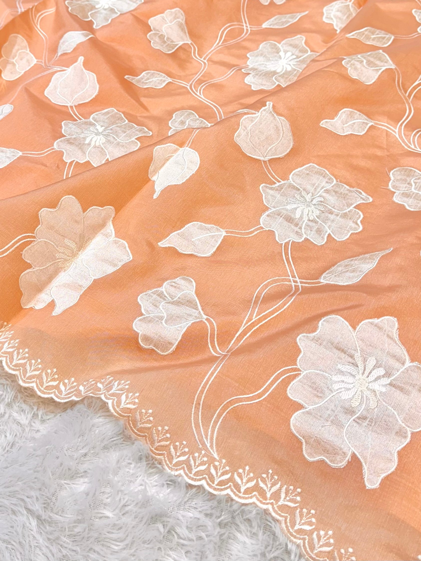 Fruity Peach Mango Silk Partywear Banarasi Embroidery Applique work Lightweight Sarees