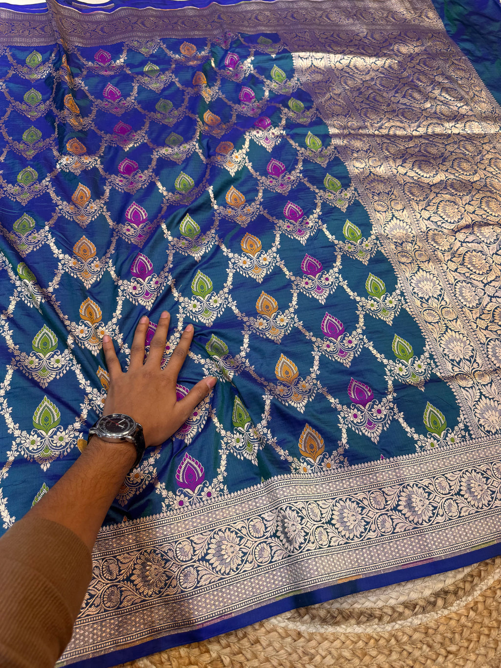 Dual shade Peacock Blue 100% Pure Banarasi Katan Silk Meenakari Saree