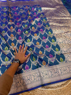 Dual shade Peacock Blue 100% Pure Banarasi Katan Silk Meenakari Saree