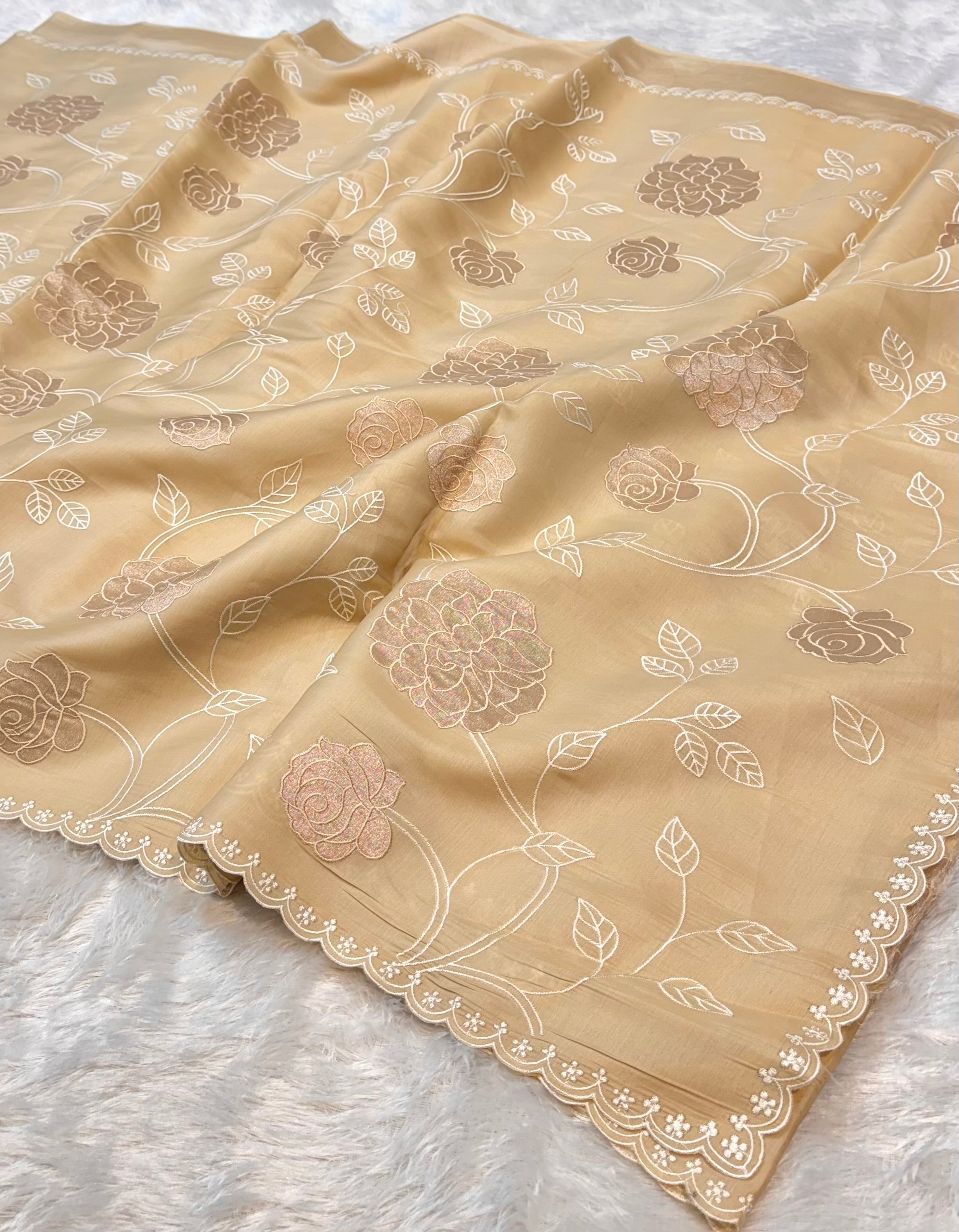 Beige Mango Silk Partywear Banarasi Embroidered Jaal with Tissue Applique Lightweight Sarees