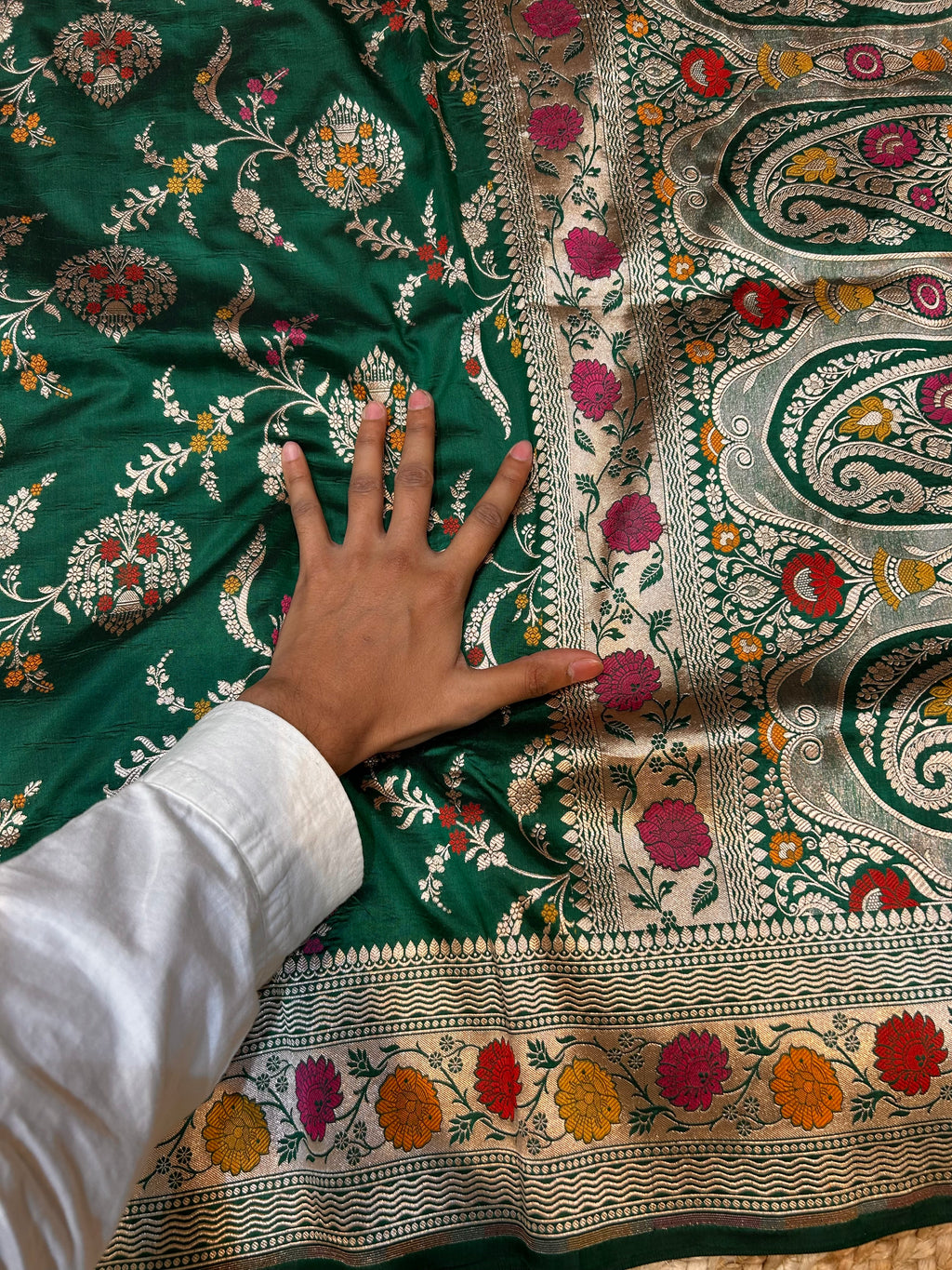 Bottle Green 100% Pure Banarasi Katan Silk Meenakari Saree