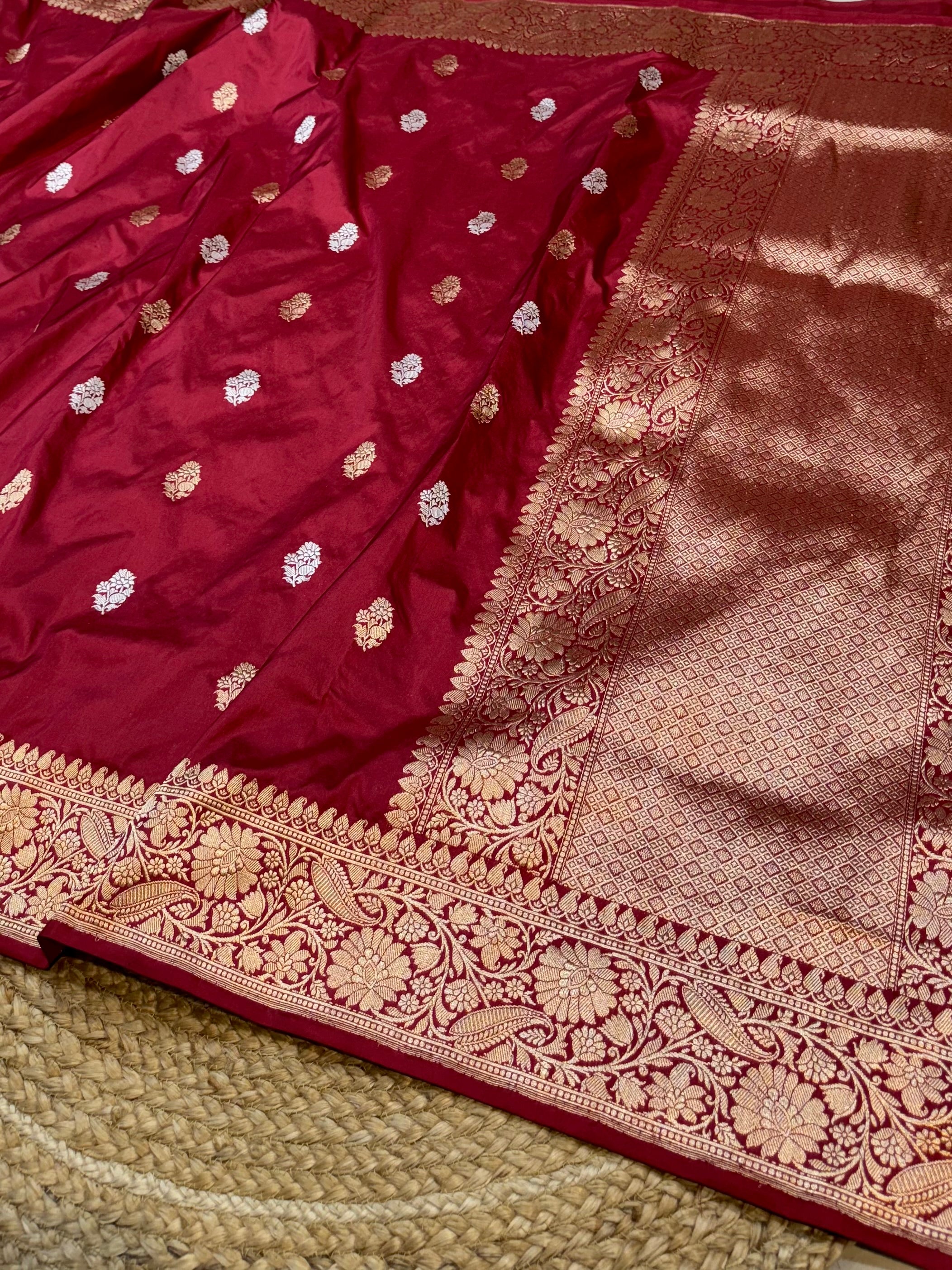 Prebook | Maroon 100% Pure Banaras Katan Silk Handloom Handwoven Pattu Saree