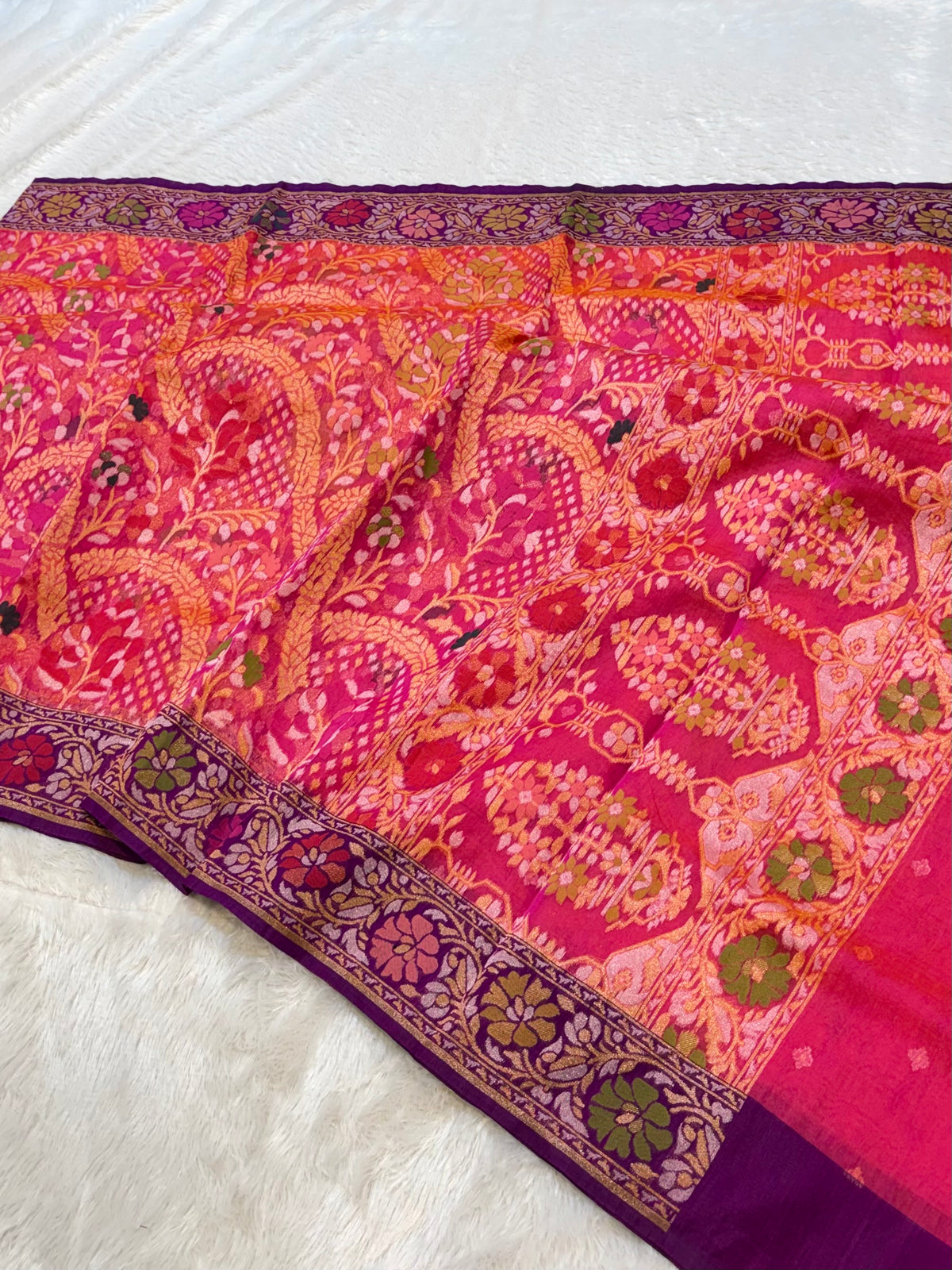 Rani Pink 100% Pure Ektara Banarasi Kora Jamdani Saree