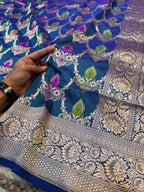 Dual shade Peacock Blue 100% Pure Banarasi Katan Silk Meenakari Saree