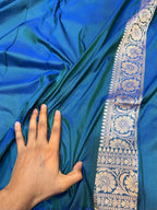 Dual Shade Peacock Blue 100% Exclusive Pure Banaras Katan Silk Rangkaat Saree