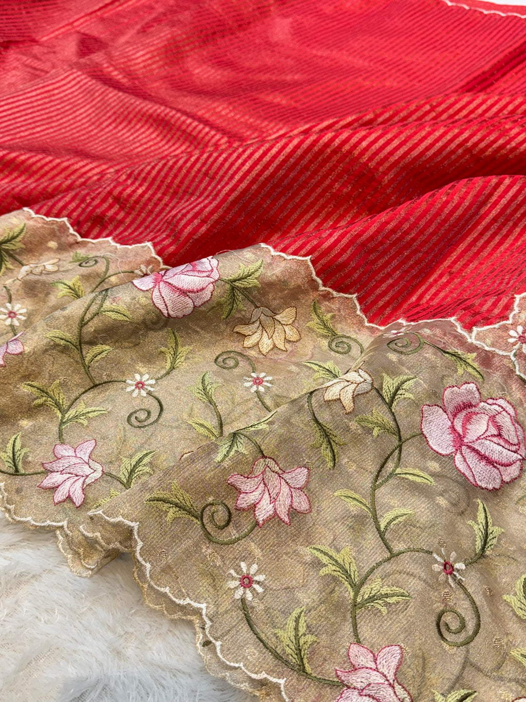Red Tissue Silk Partywear Banarasi Embroidery Tissue Border Lightweight Sarees