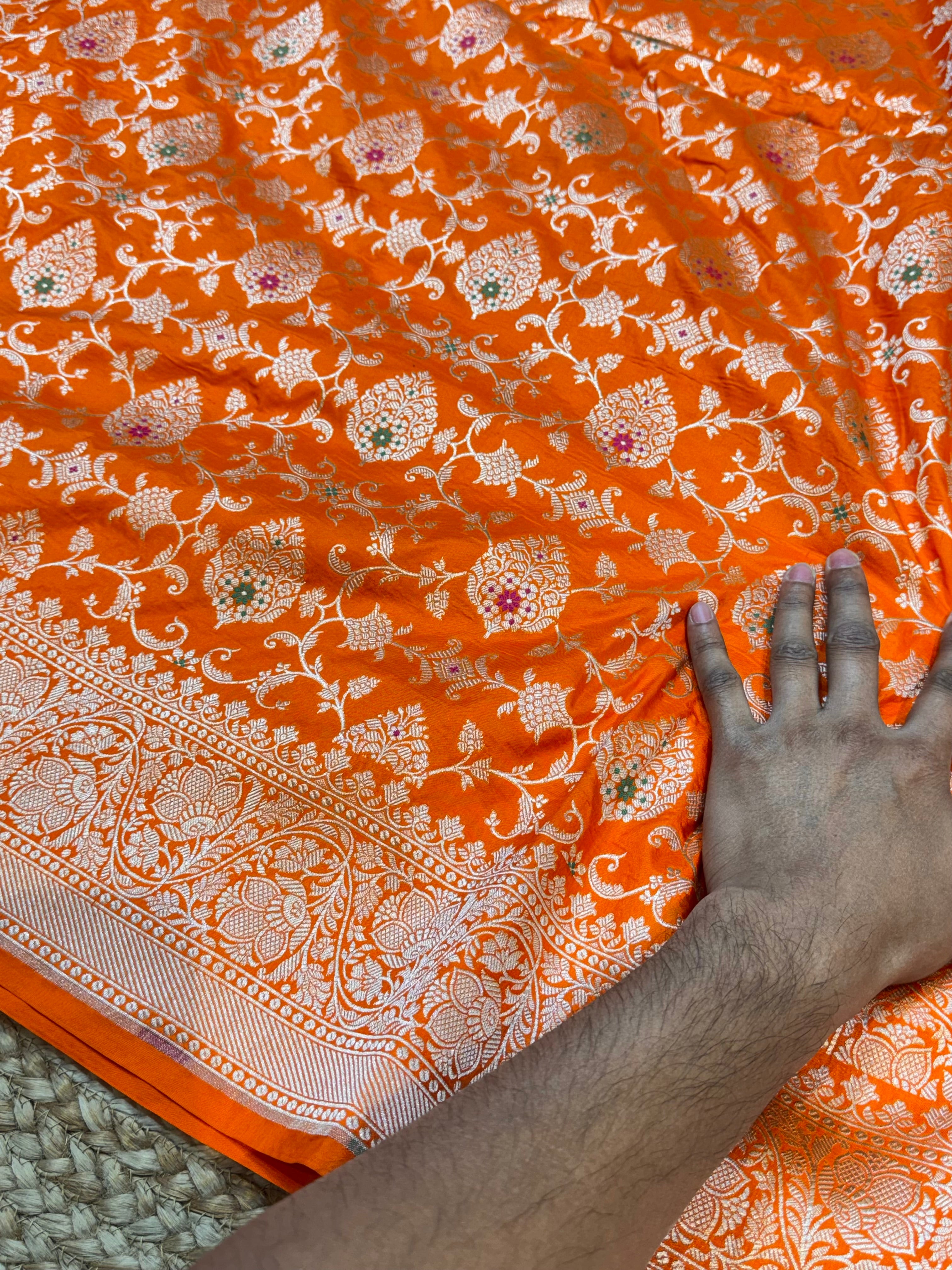 Prebook | Fanta Orange 100% Pure Banarasi Katan Silk Meenakari Saree