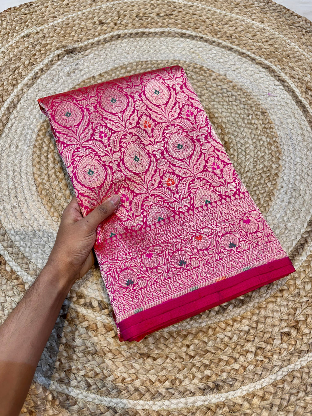 Rani Pink 100% Pure Banarasi Katan Silk Meenakari Brocade Saree
