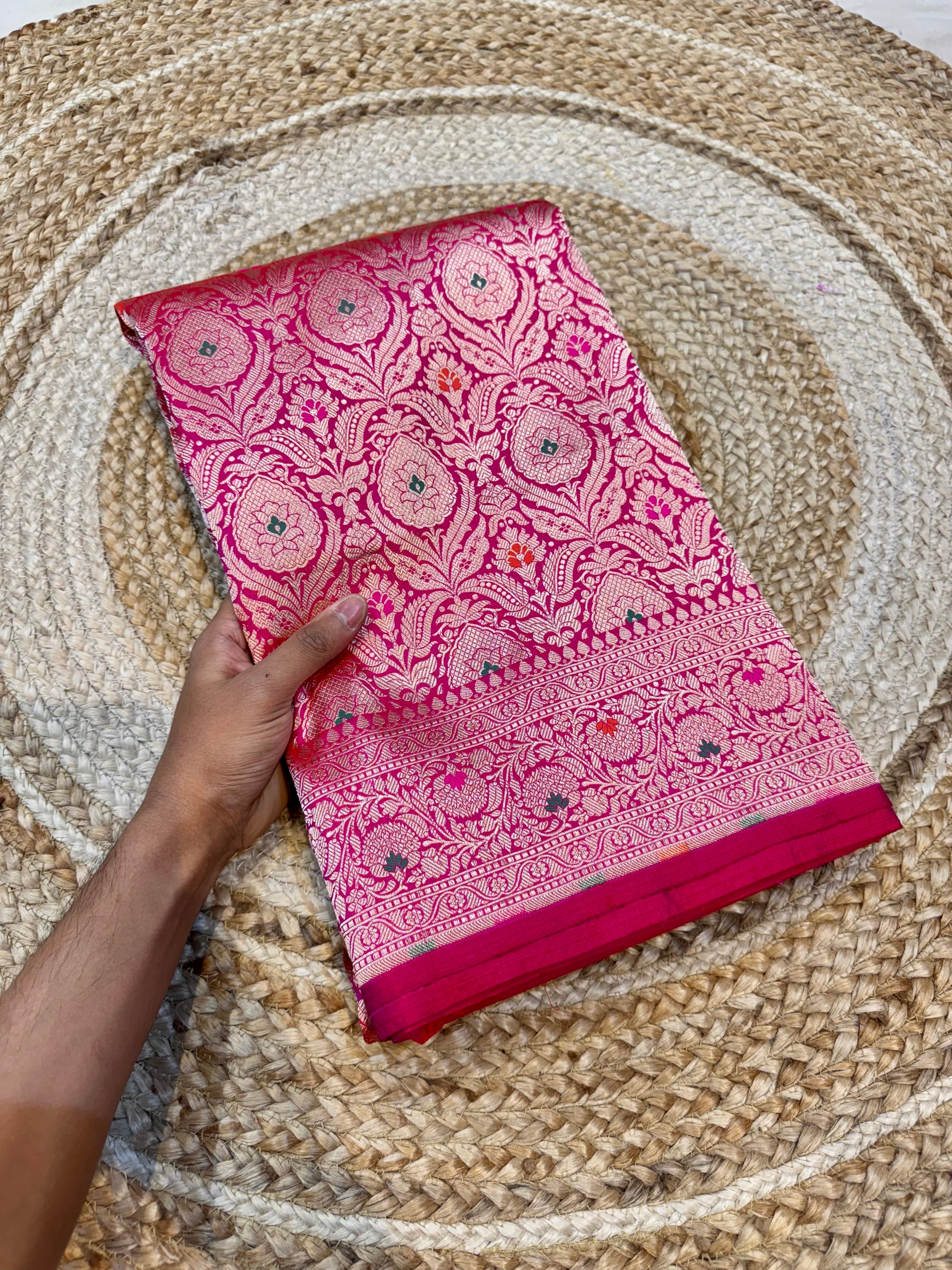 Rani Pink 100% Pure Banarasi Katan Silk Meenakari Brocade Saree