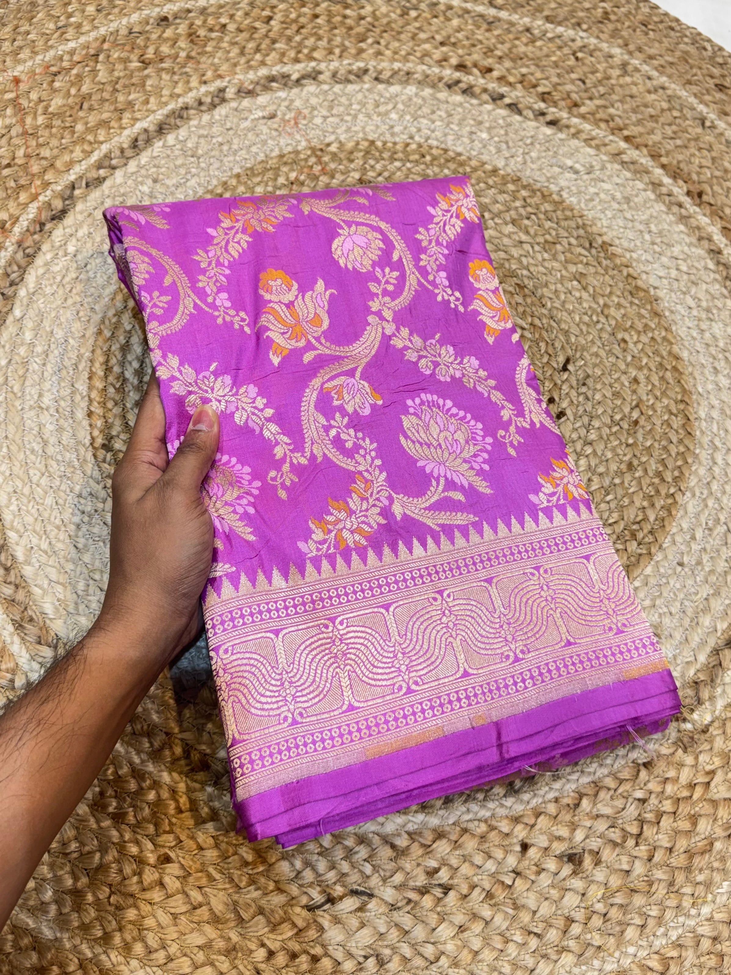 Fuscia Pink 100% Pure Banarasi Katan Silk Meenakari Saree