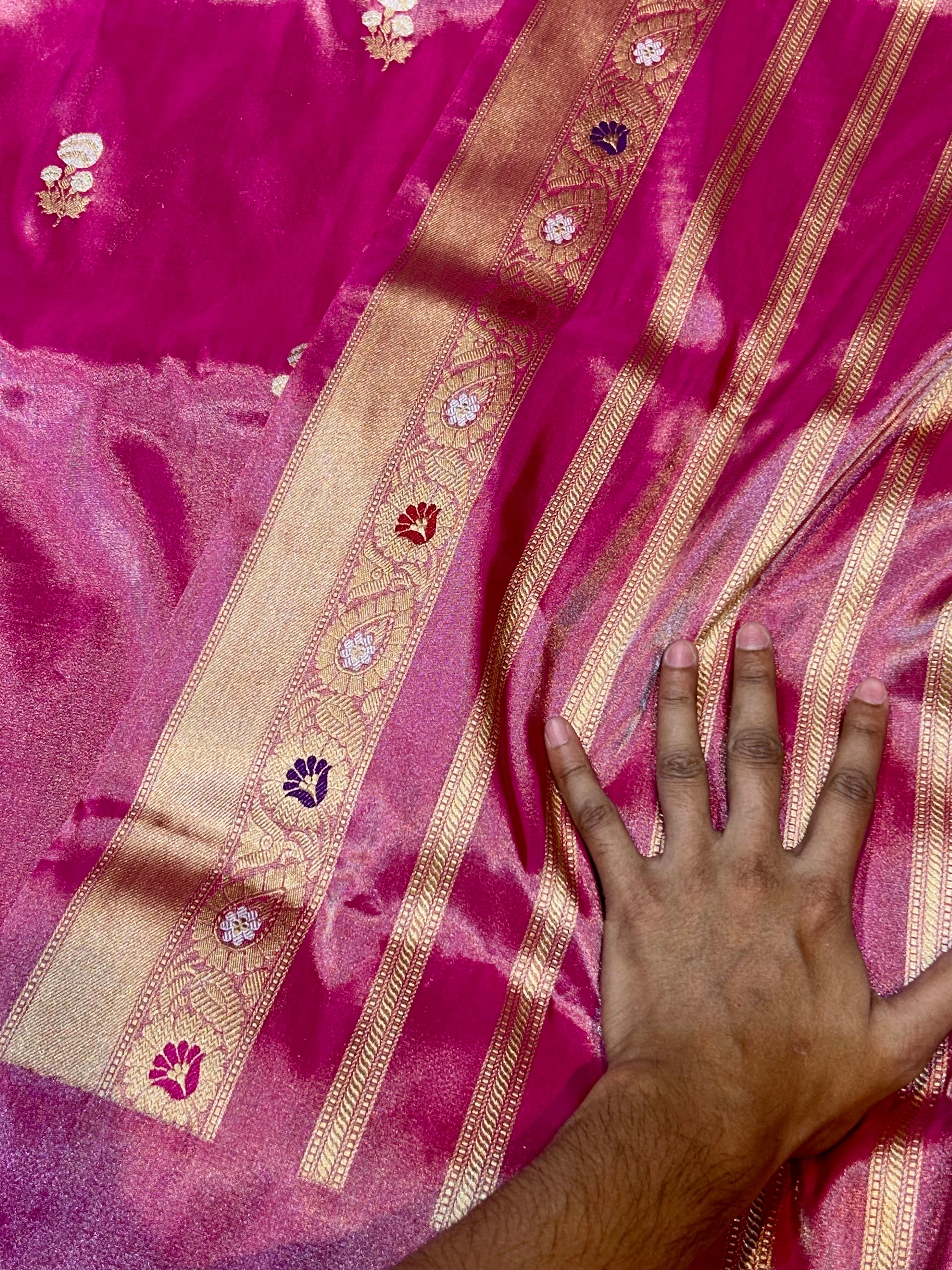 Magenta Pink 100% Pure Banarasi Tissue Silk Handloom Handwoven Saree