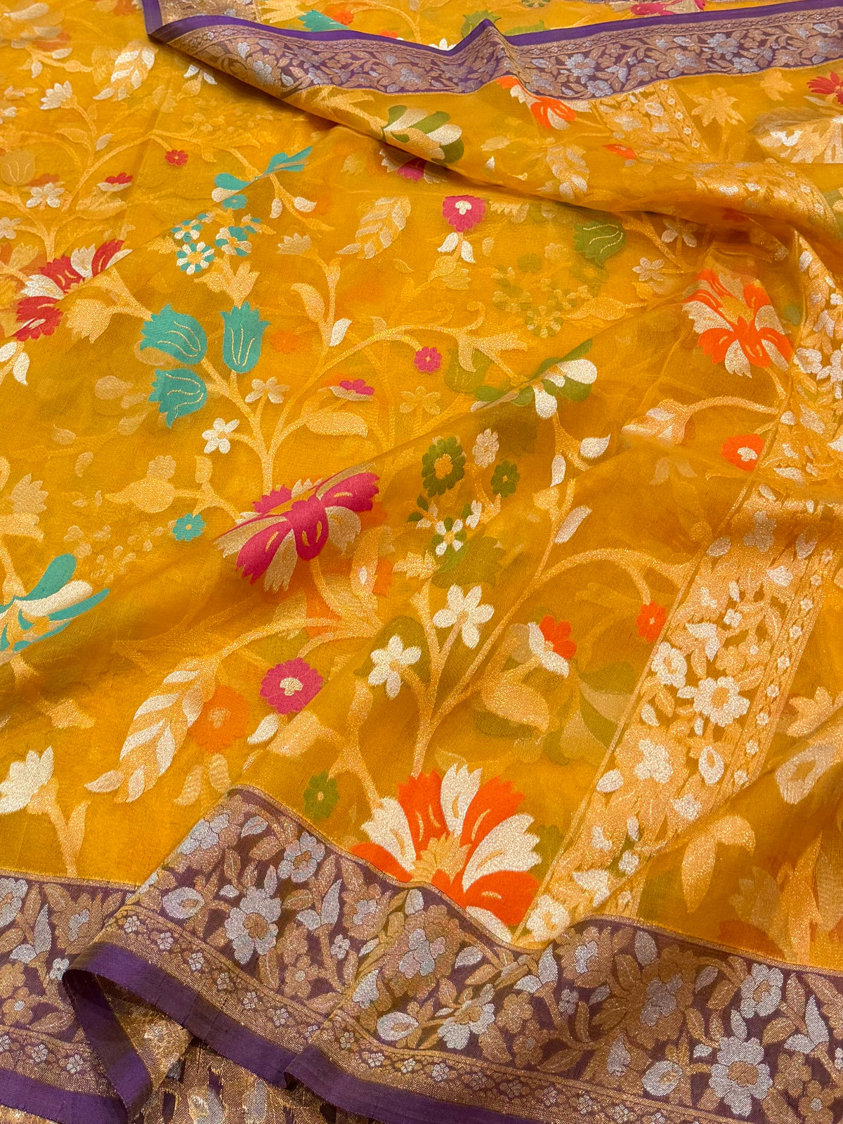 Prebook | Sunflower Yellow Pure Handloom Banarasi Ektara Kora Jamdani Saree
