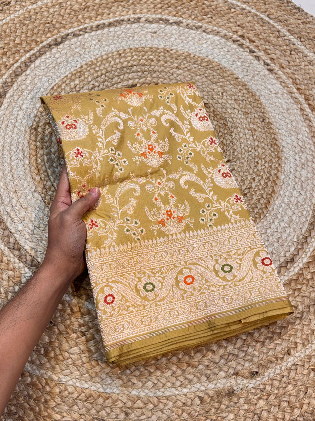 Muted Gold 100% Pure Banarasi Katan Silk Meenakari Saree