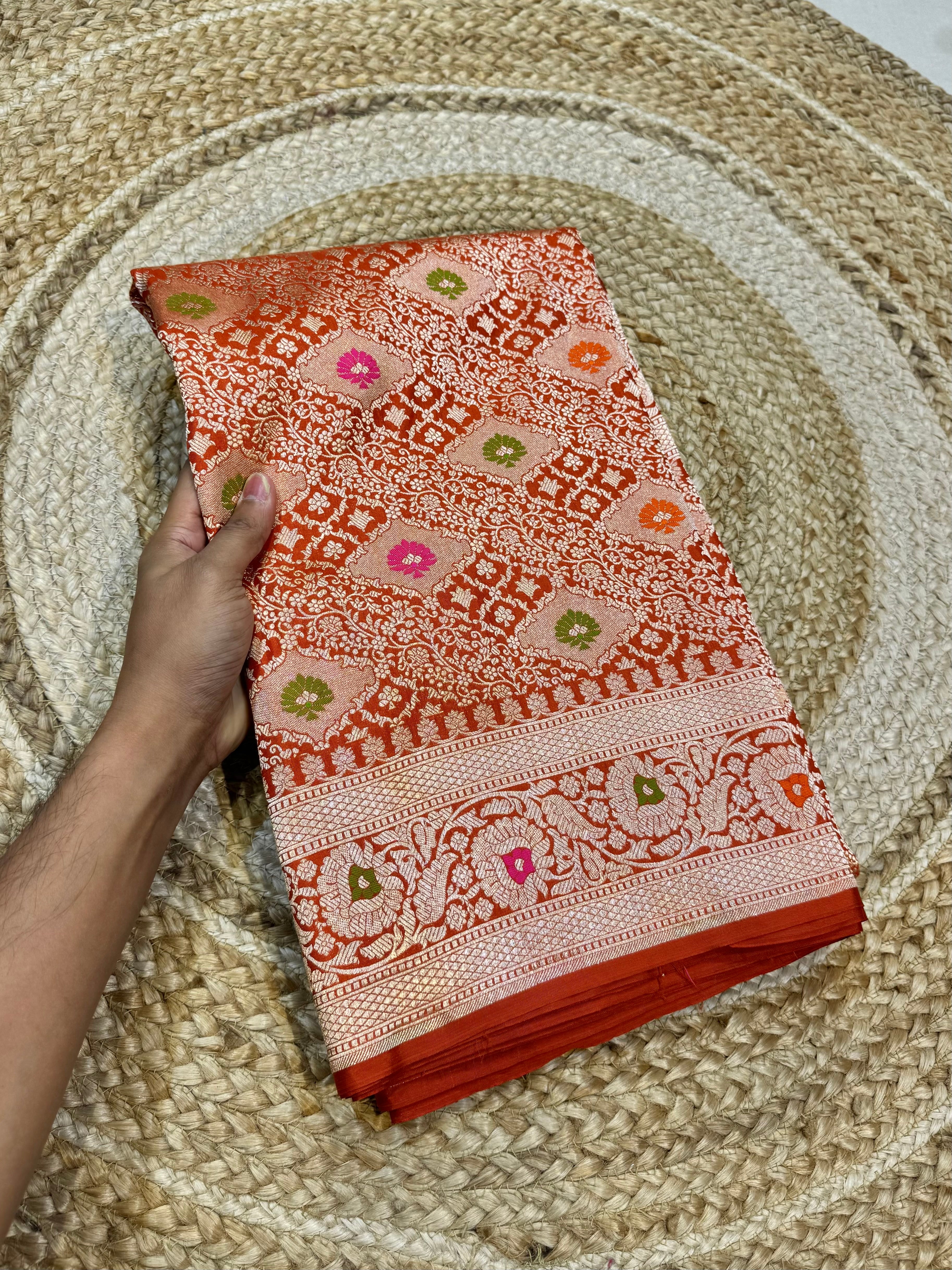 Rust Orange 100% Pure Banarasi Katan Silk Meenakari Brocade Saree