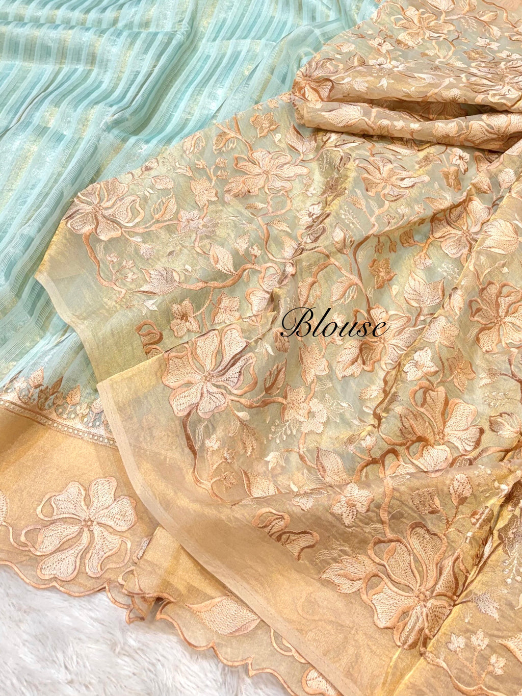 Aqua Blue 100% Pure Handloom Stripes Tissue Silk Partywear Banarasi Embroidery Lightweight Sarees