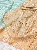 Aqua Blue 100% Pure Handloom Stripes Tissue Silk Partywear Banarasi Embroidery Lightweight Sarees