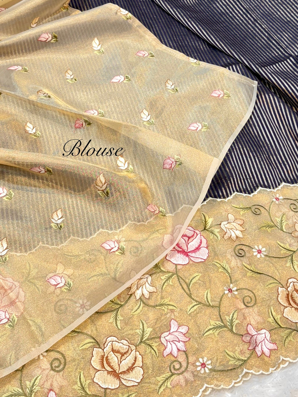 Dark Blue Tissue Silk Partywear Banarasi Embroidery Tissue Border Lightweight Sarees