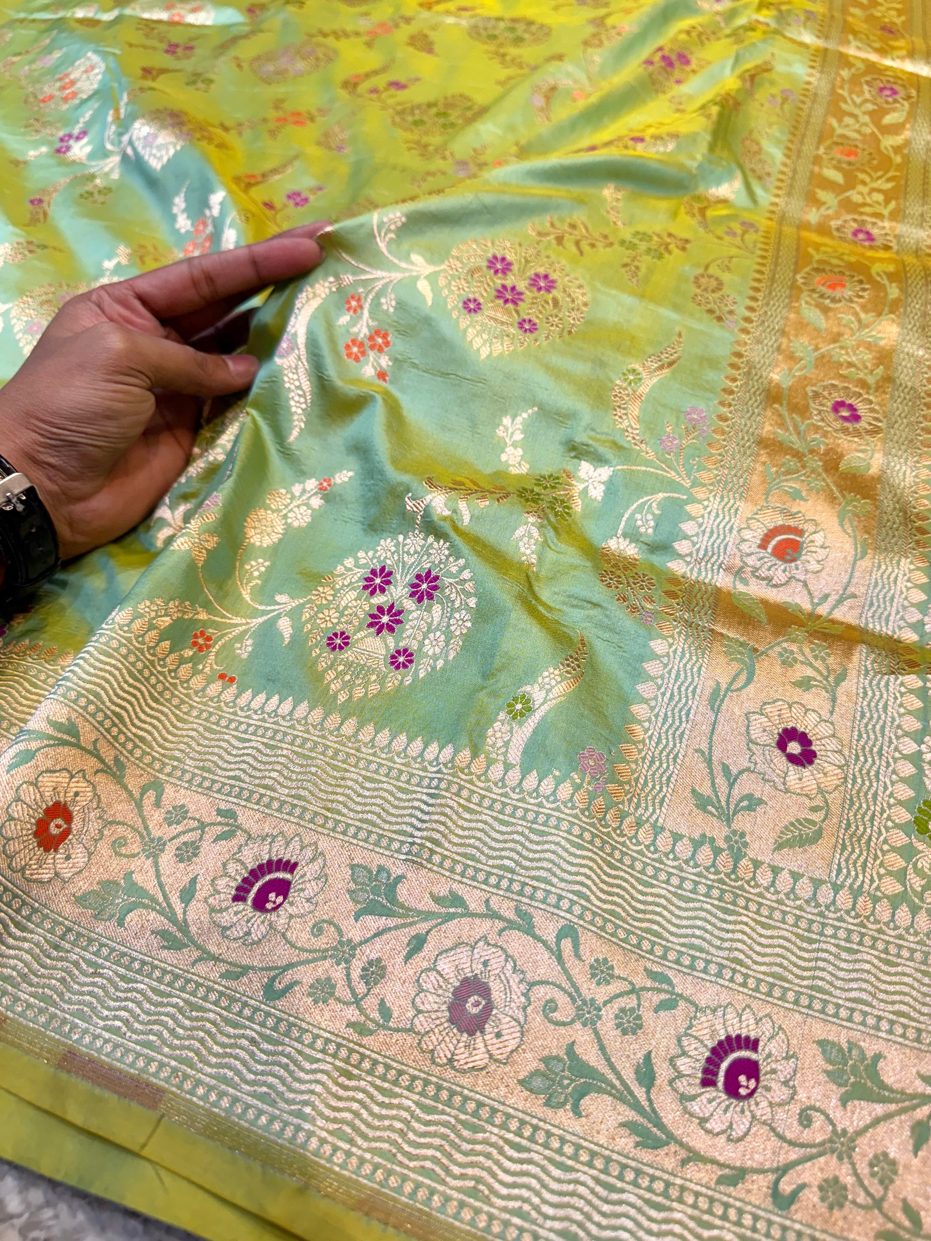 Dual Shade Green-Yellow 100% Pure Banarasi Katan Silk Meenakari Saree
