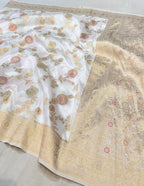 White Banarasi SemiKatan Silk Partywear Saree