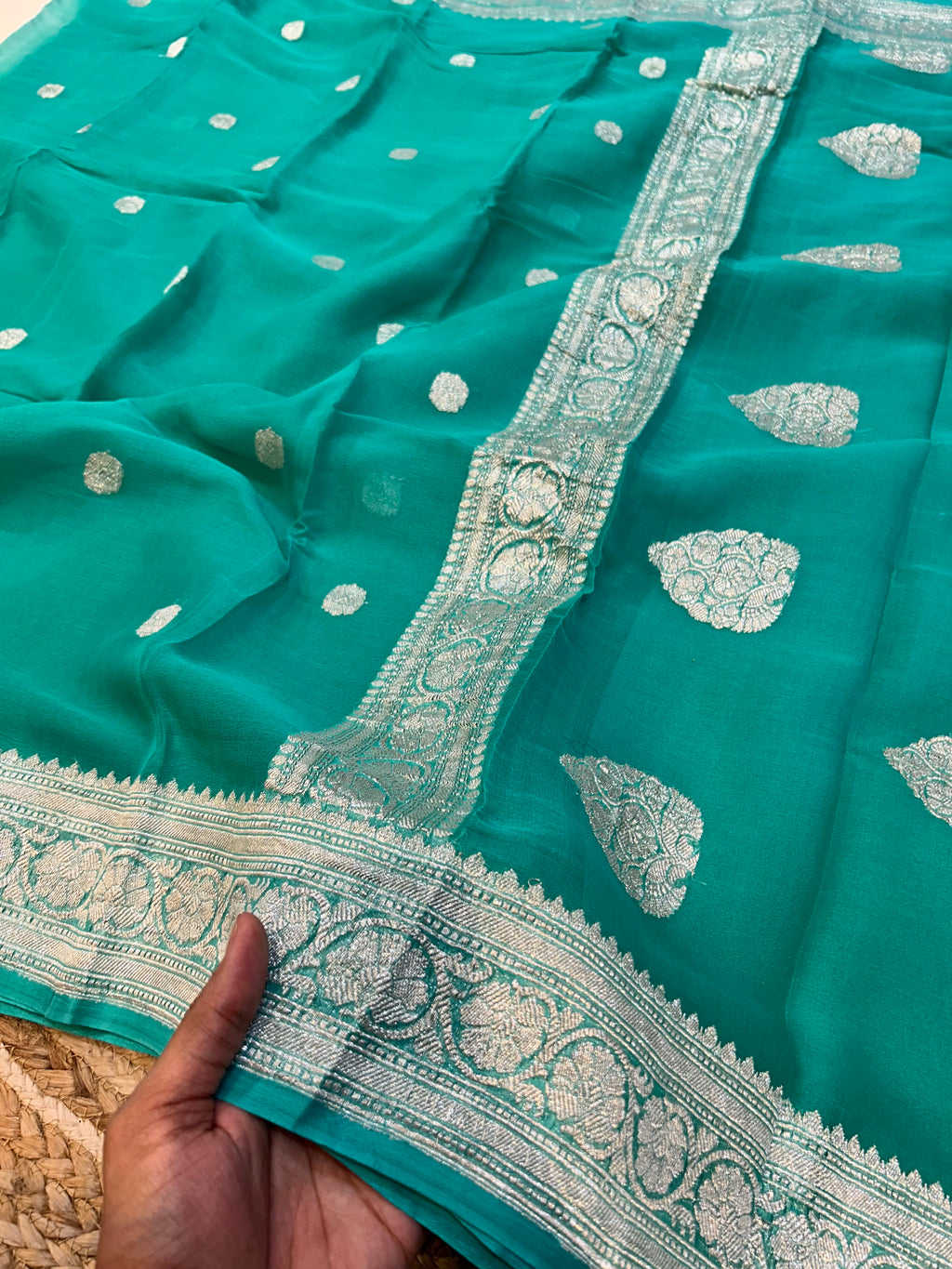 Sea Green Pure Khaddi Georgette Silver Zari Border Buta Anchal Buti Design Saree