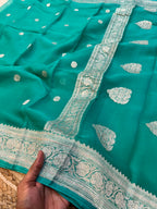 Sea Green Pure Khaddi Georgette Silver Zari Border Buta Anchal Buti Design Saree