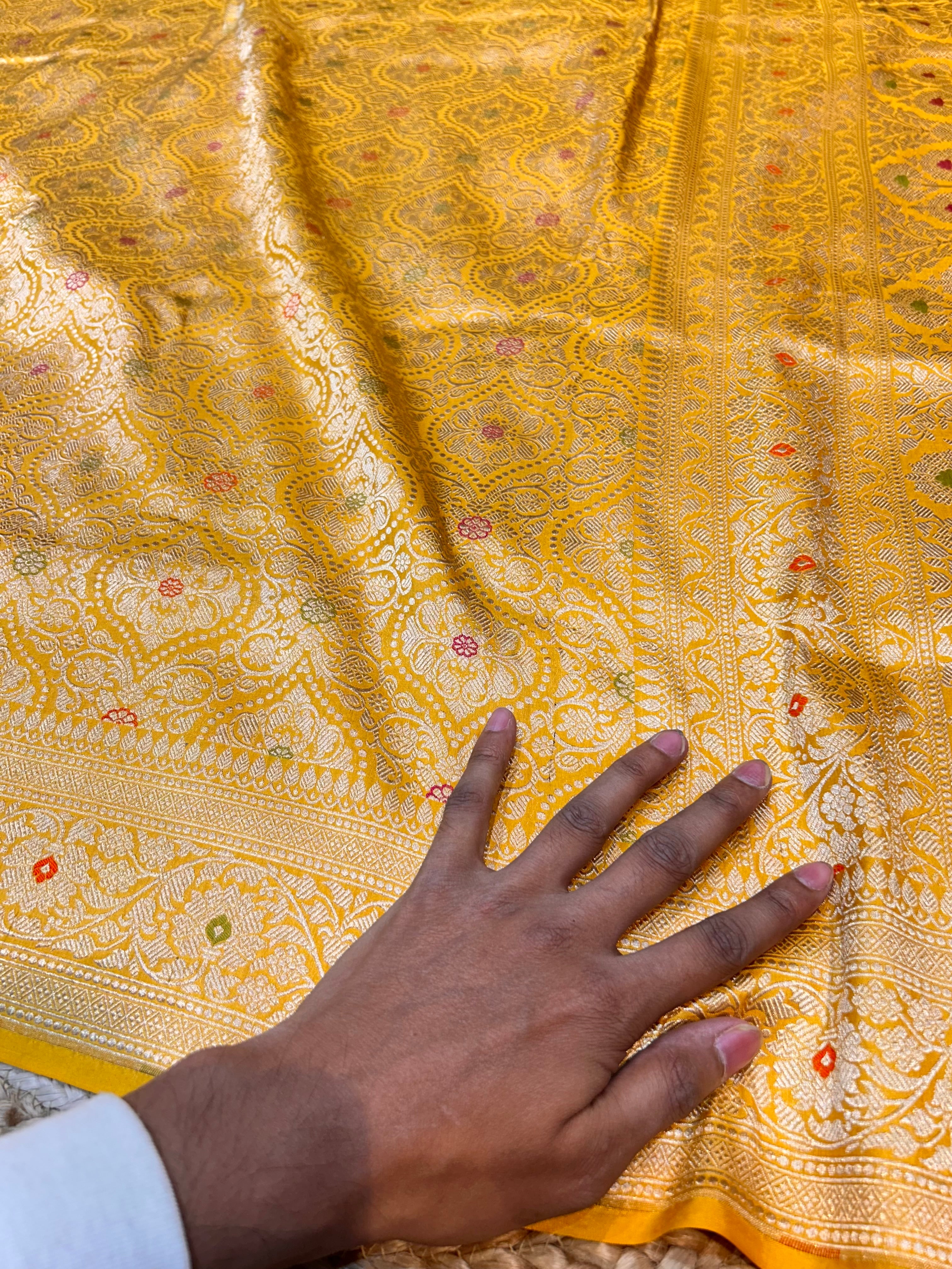 Yellow Gold 100% Pure Banarasi Katan Silk Meenakari Brocade Saree