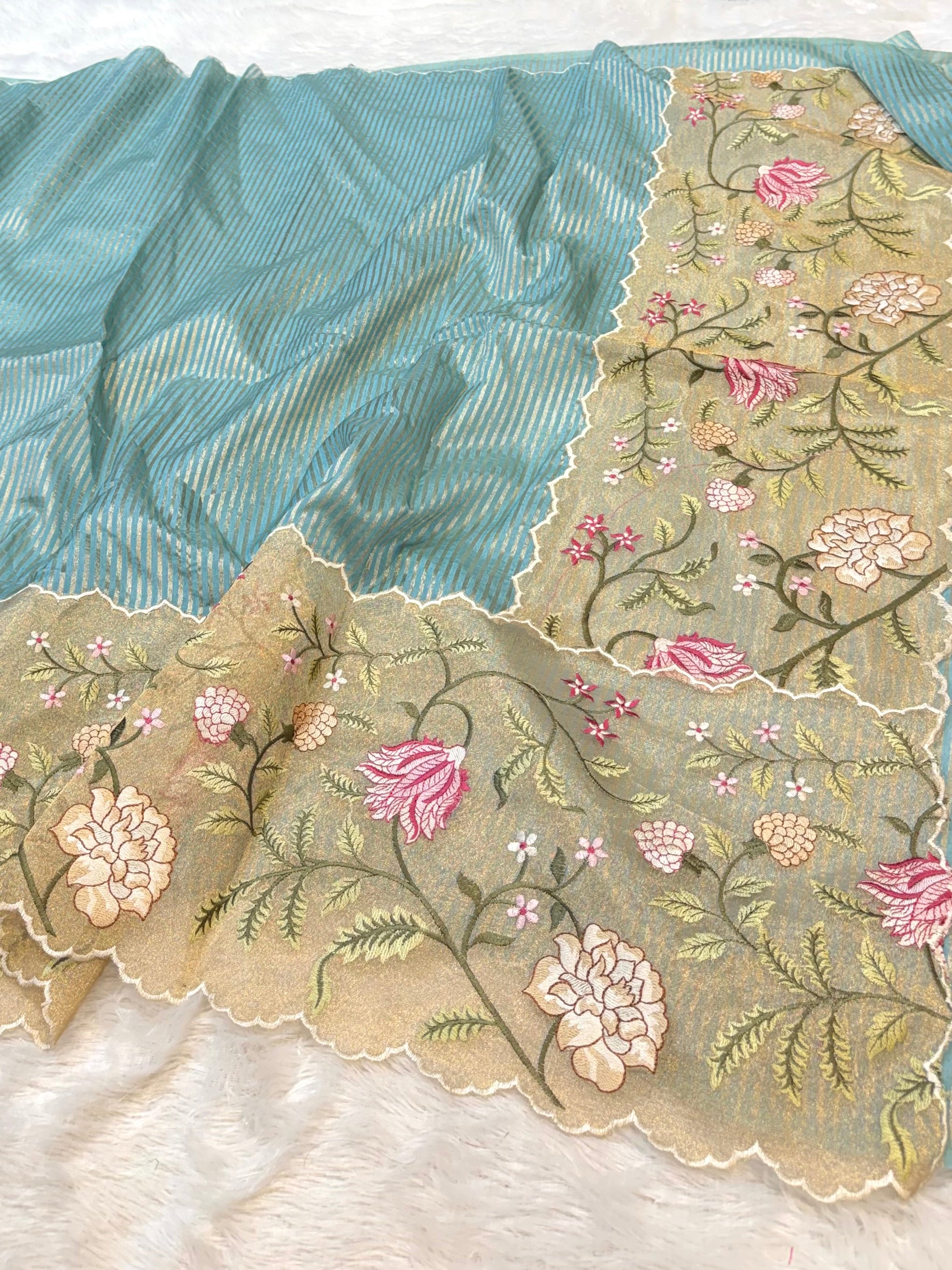 Powder Blue Tissue Silk Partywear Banarasi Embroidery Tissue Border Lightweight Sarees
